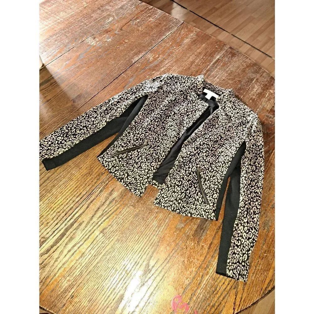 Small Chicos 0 Black Tan Animal Printed Lined Open Front Jacket Blazer Cardigan